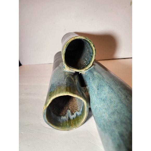 Tall Tri-Cylinder Heavily Glazed Green Blues Vases Adjoined Together Twi-ware Si - Picture 5 of 8